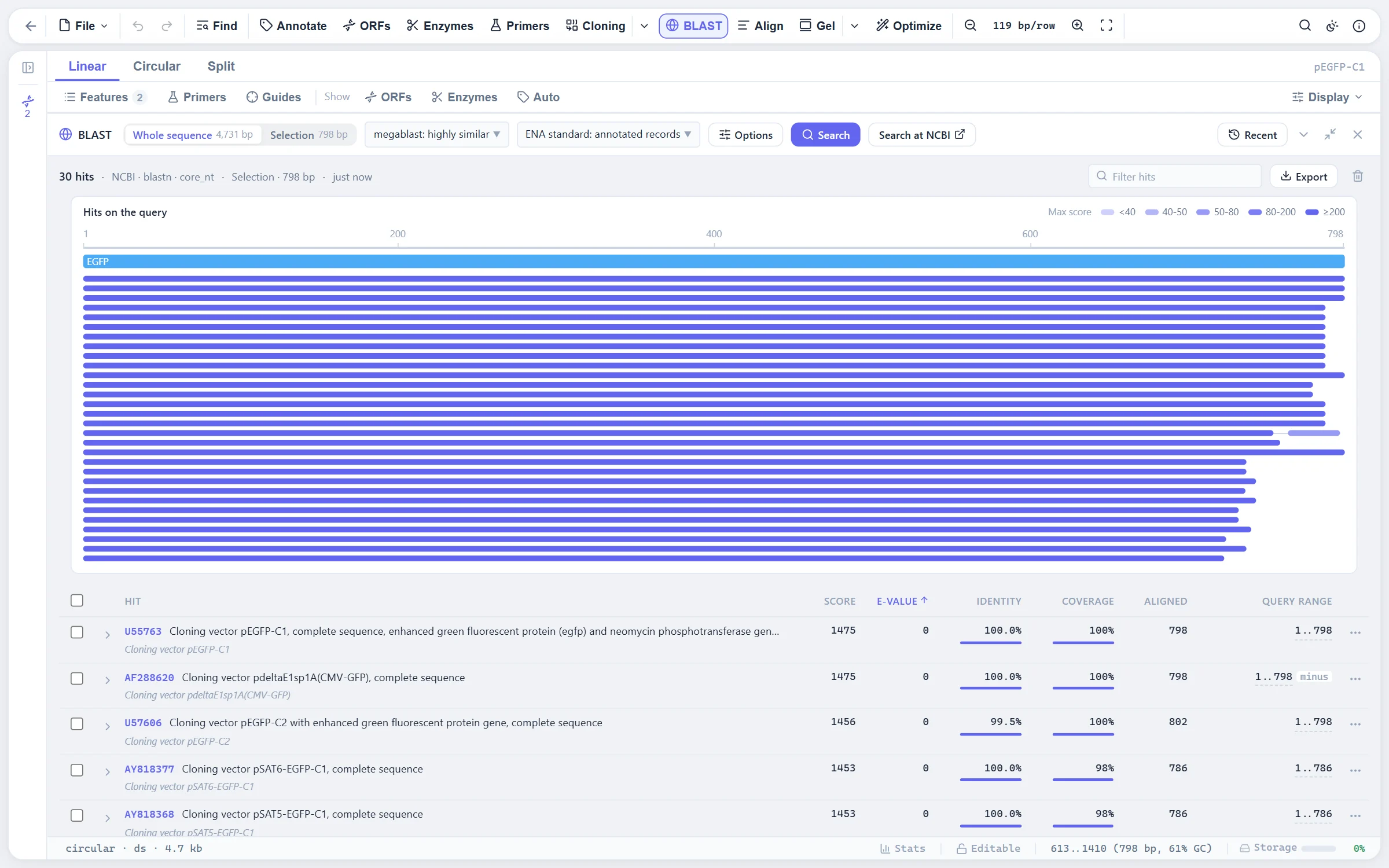 An NCBI BLAST result for the EGFP coding sequence of pEGFP-C1 in the drawer: hit map over the query and the sortable hit table