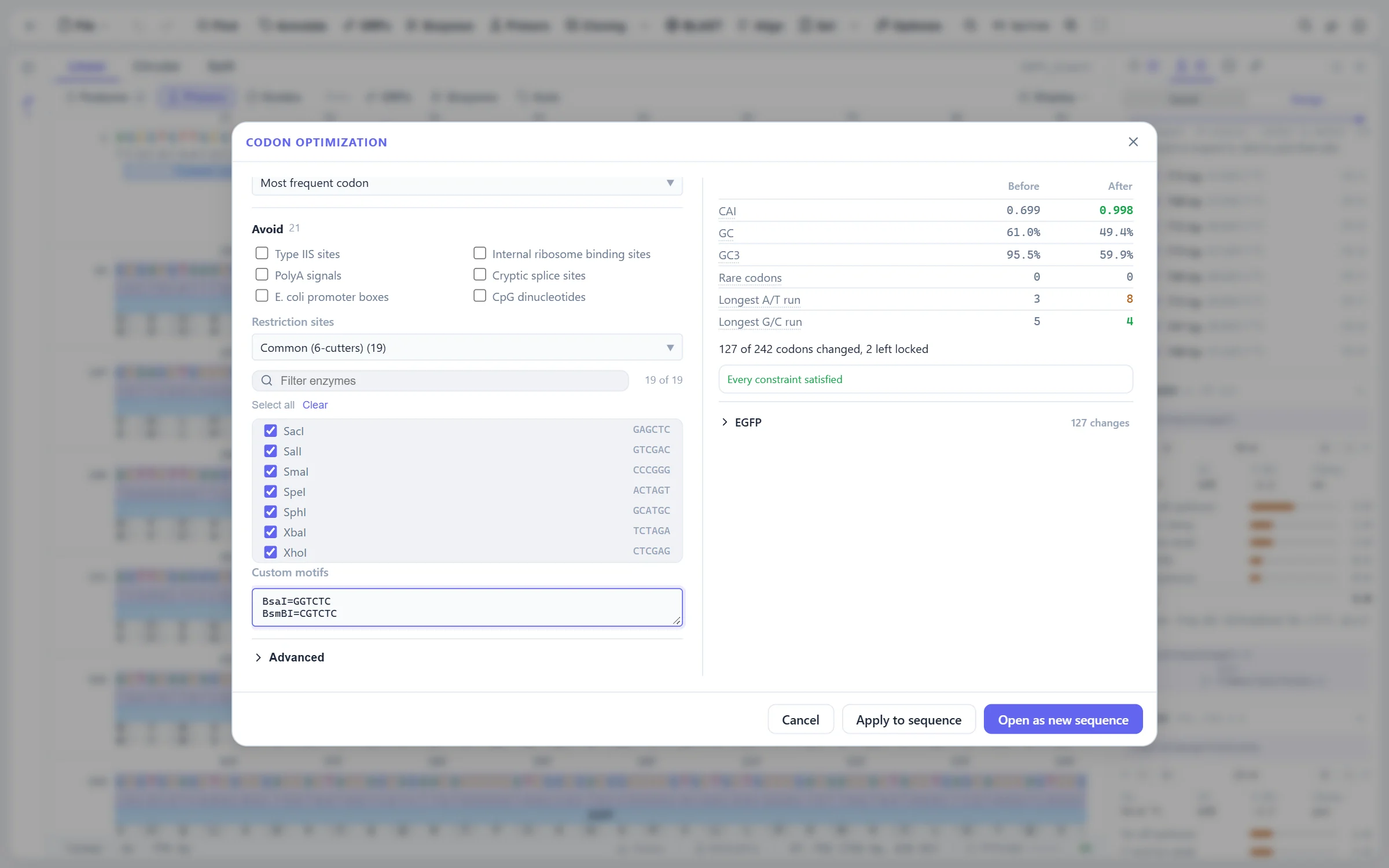 The codon optimization dialog with avoided restriction sites and custom motifs, and CAI and GC before and after