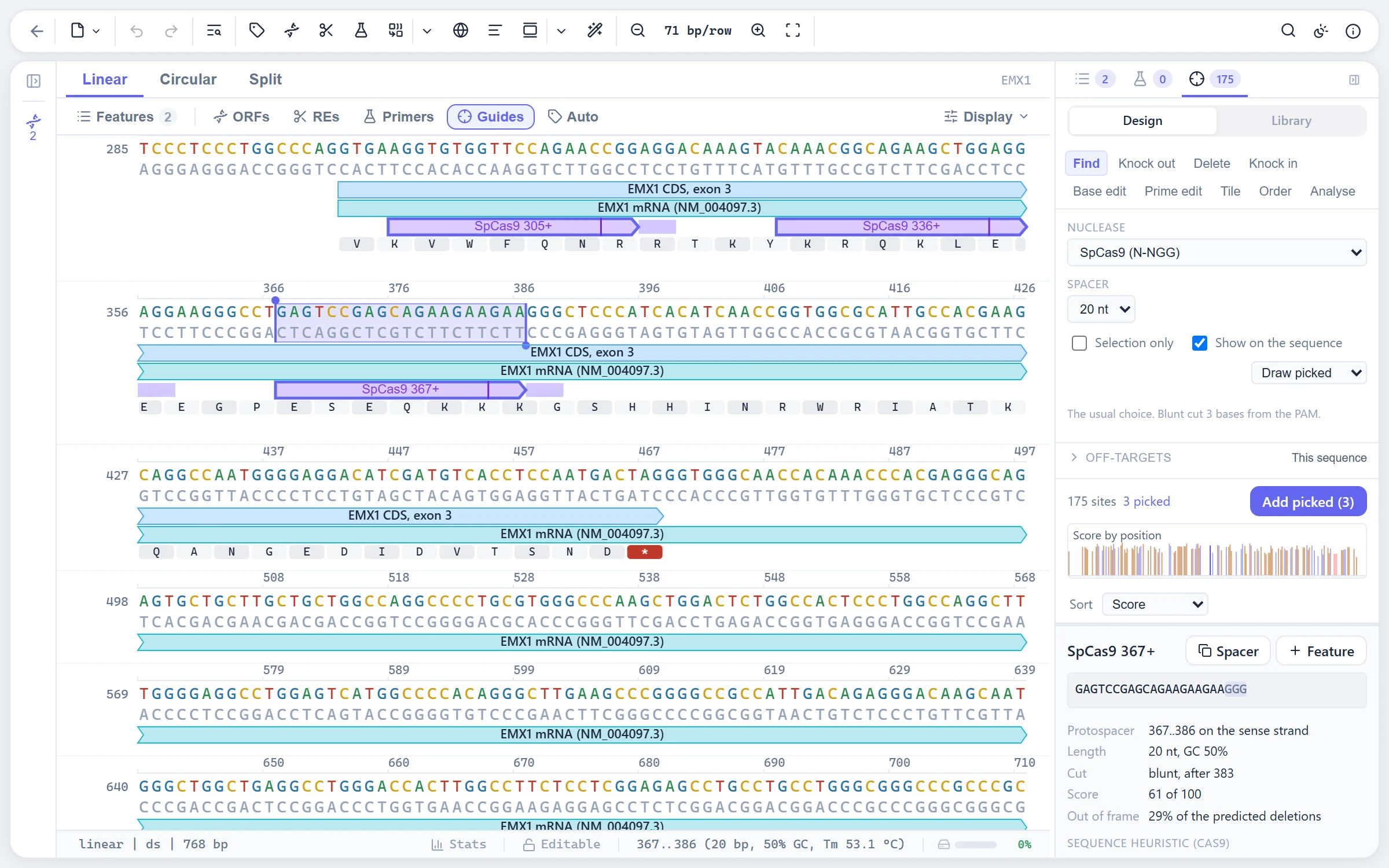 The CRISPR guide designer with scored guides drawn on the sequence