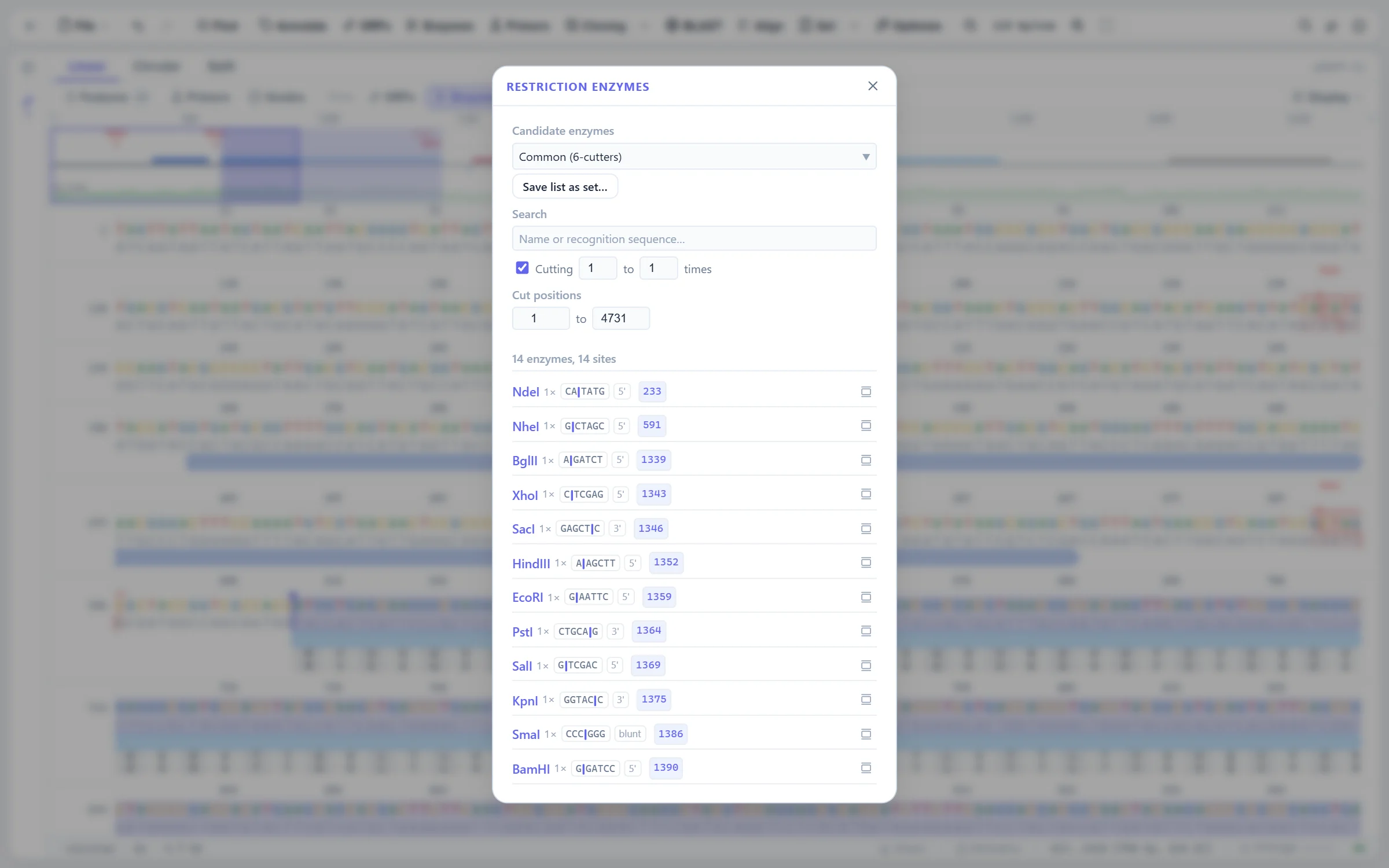 The restriction enzyme dialog listing the single cutters of pEGFP-C1 with their sites and overhangs