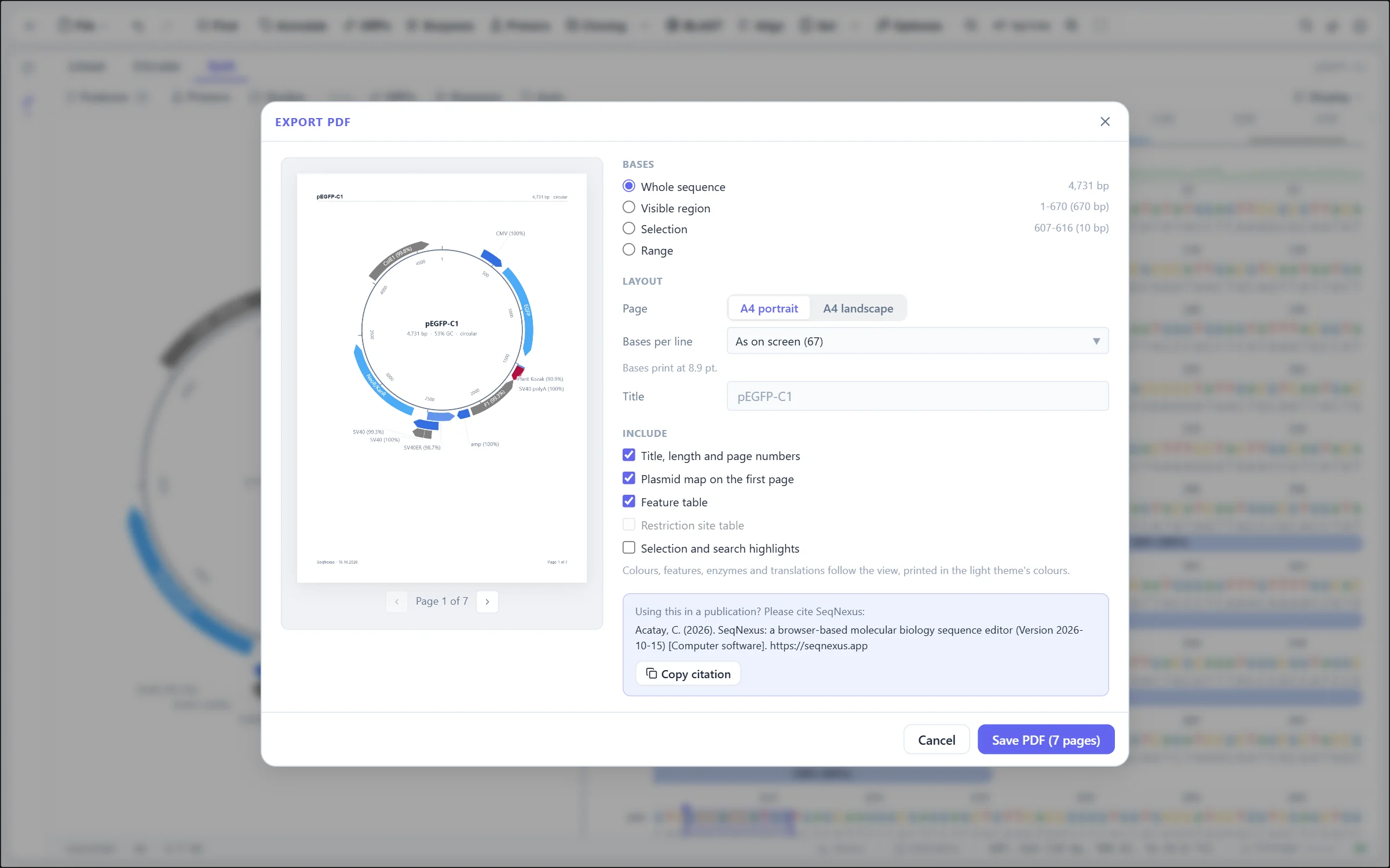 The Export PDF dialog with its page preview, map on the first page and feature table