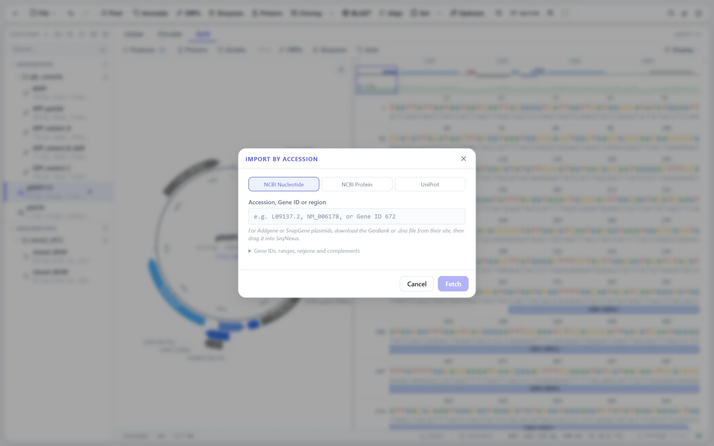 The Import by Accession dialog over an explorer holding GenBank, FASTA and AB1 files