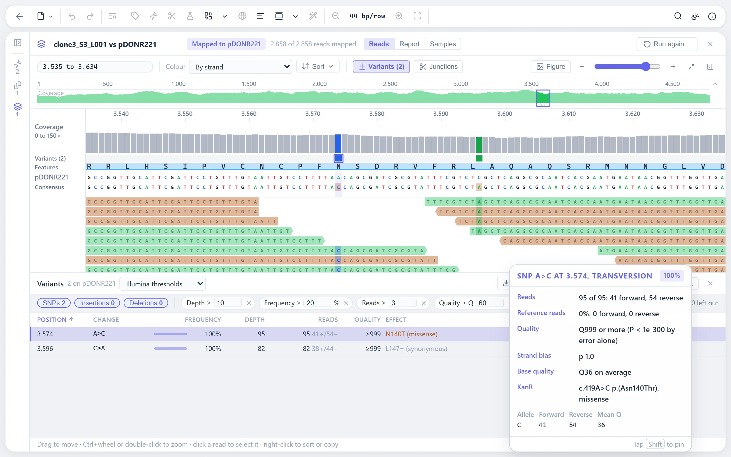 A read mapping with coverage track, reads and called variants